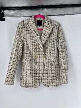 Mina Self Cream and Black Plaid Double-Breasted Tweed Blazer with Gold Buttons